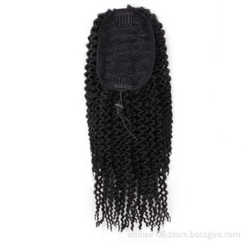 Aisi Hair Afro Kinky Synthetic Fiber Ponytail Hair Extension Pieces Wrap Drawstring Short Black Kinky Curly Synthetic Ponytails
